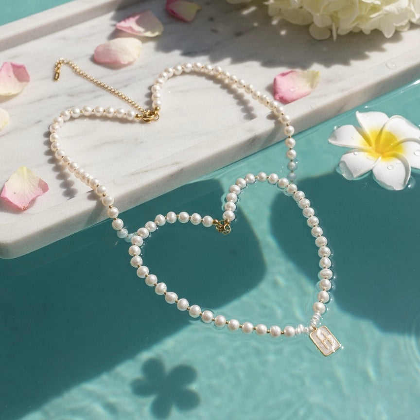 Gold Initial Pendant with Faux Pearl Beaded Necklace