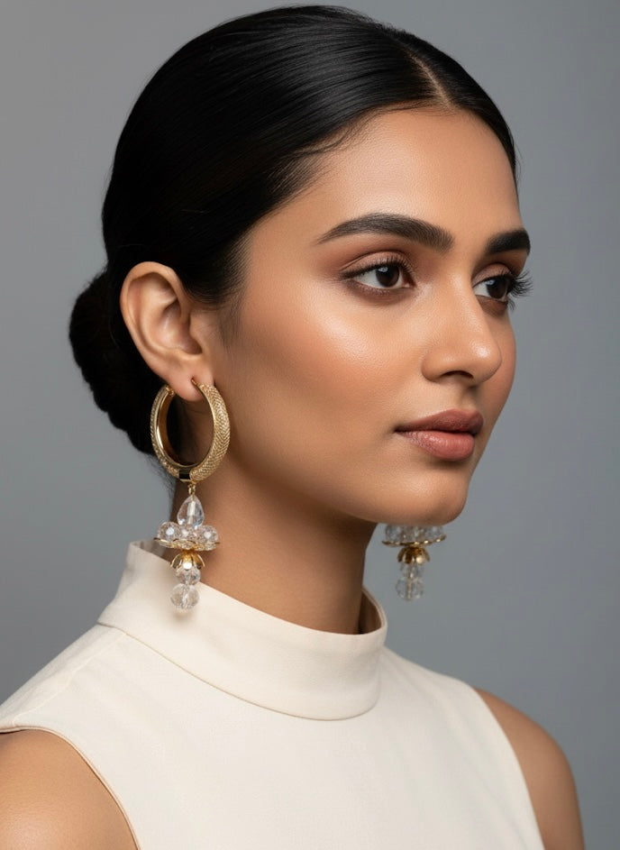 Silver-Tone Hoop Earrings with Clear Floral Drop Charms