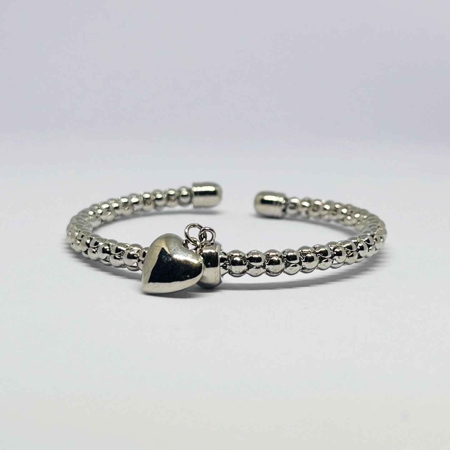 Silver Beaded Open Bracelet with Heart Charm