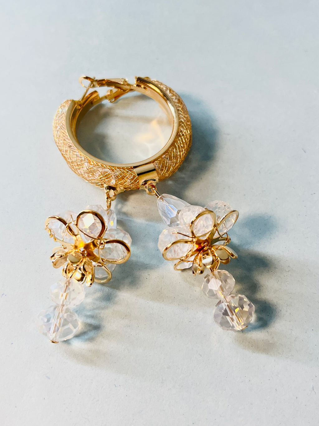 Silver-Tone Hoop Earrings with Clear Floral Drop Charms