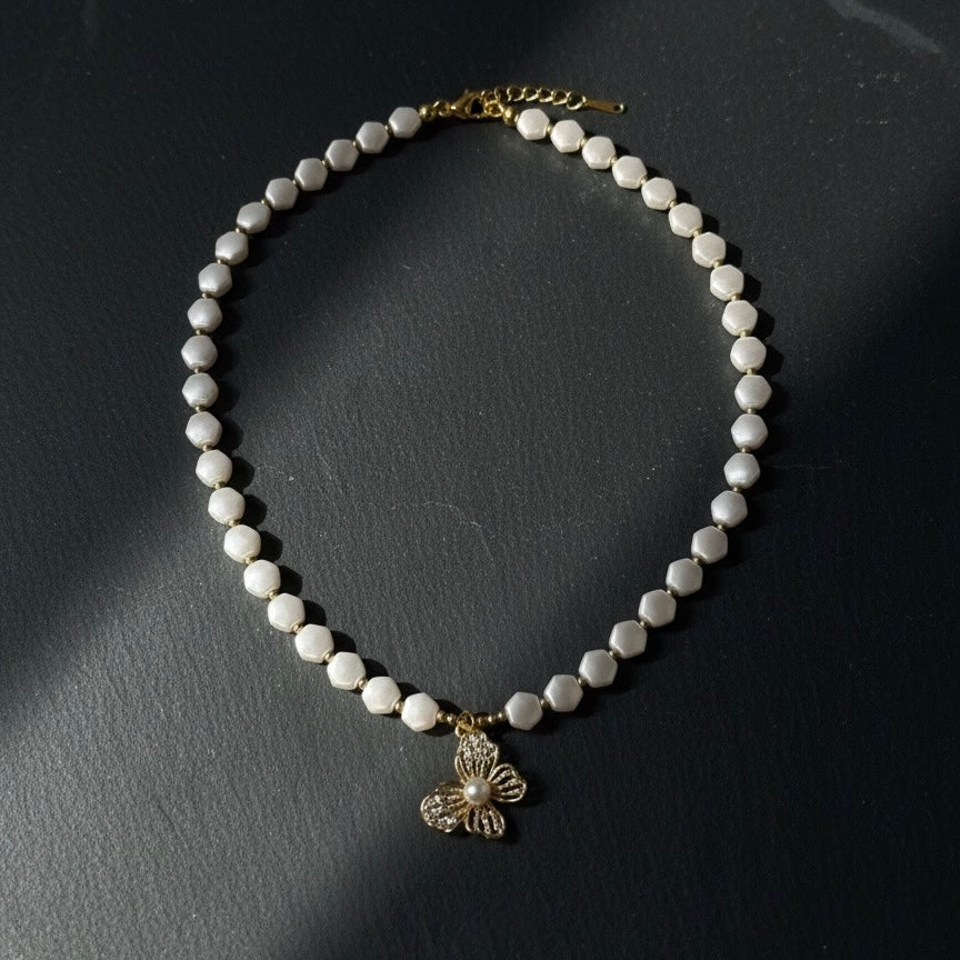 White Pearl Bead Necklace with Butterfly Charm
