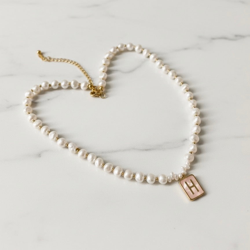Gold Initial Pendant with Faux Pearl Beaded Necklace