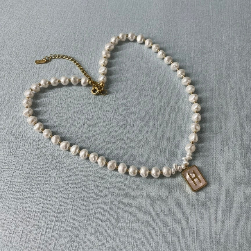 Gold Initial Pendant with Faux Pearl Beaded Necklace