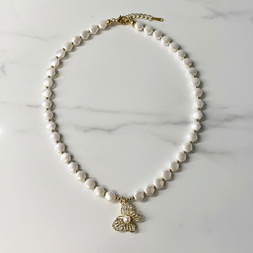 White Pearl Bead Necklace with Butterfly Charm