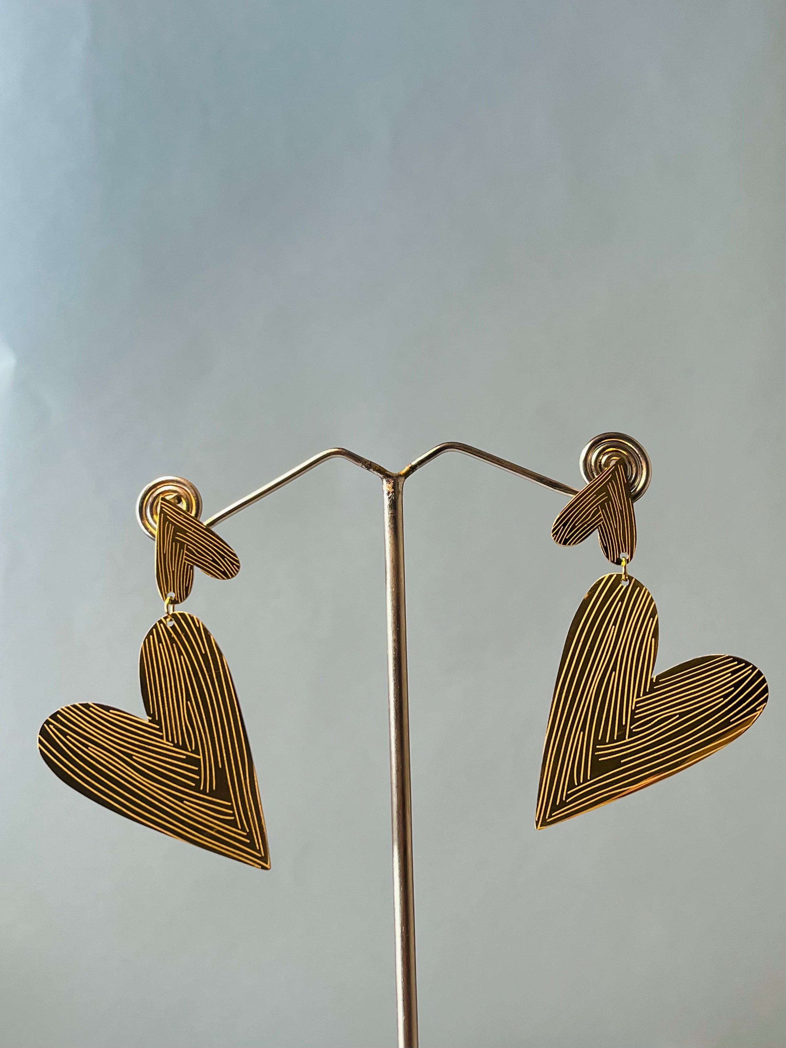 Gold-Tone Striped Heart Drop Earrings - Fashion Jewelry