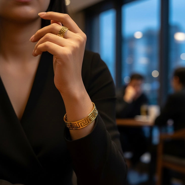 Timeless Maze: Anti-Tarnish Gold-Tone Geometric Bracelet & Ring Set