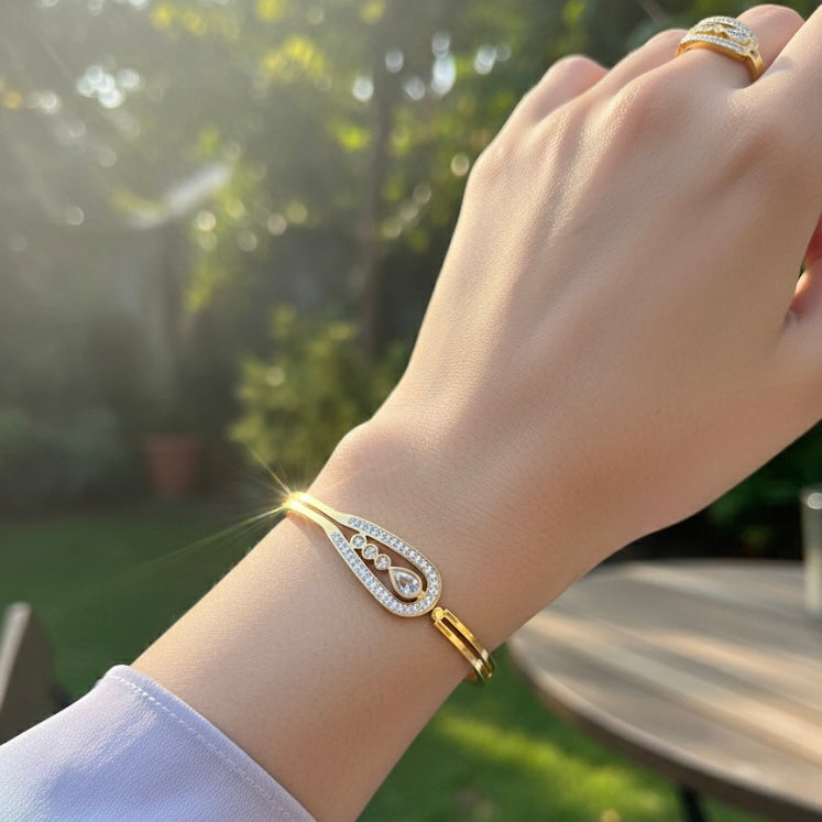 Golden Teardrop Cascade: Anti-Tarnish Crystal Bracelet & Ring Set
