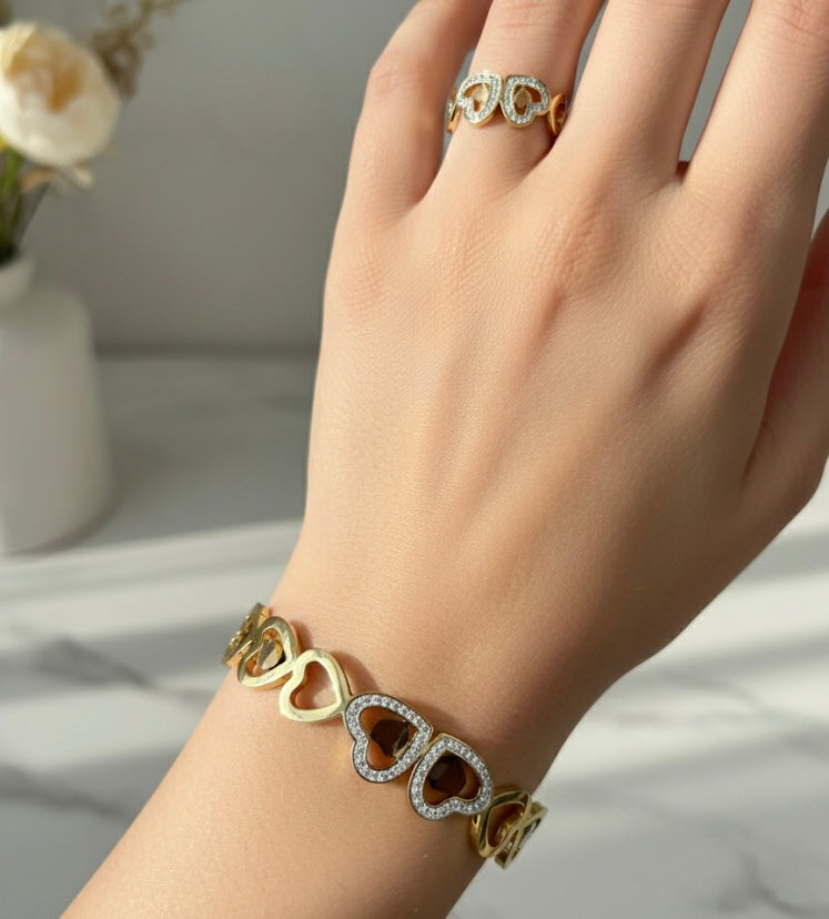 Elegant Heartbeat Gold-Tone Anti-Tarnish Bracelet & Ring Set with Dazzling Accents