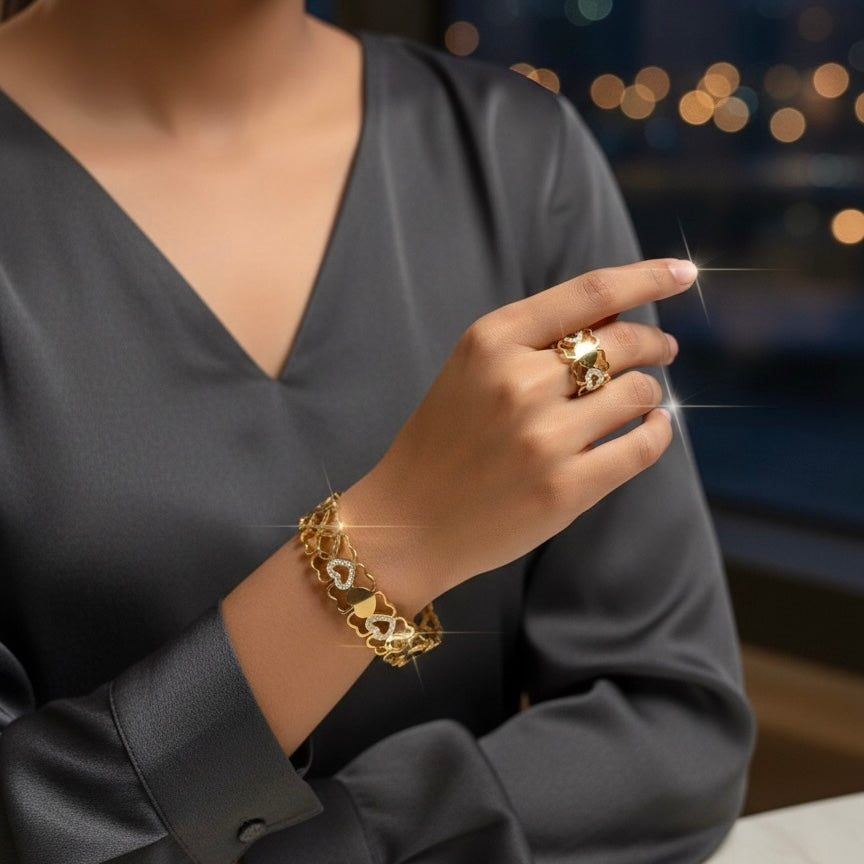 Elegance in Every Beat: Dazzling Heart-Link Anti-Tarnish Bracelet & Ring Set