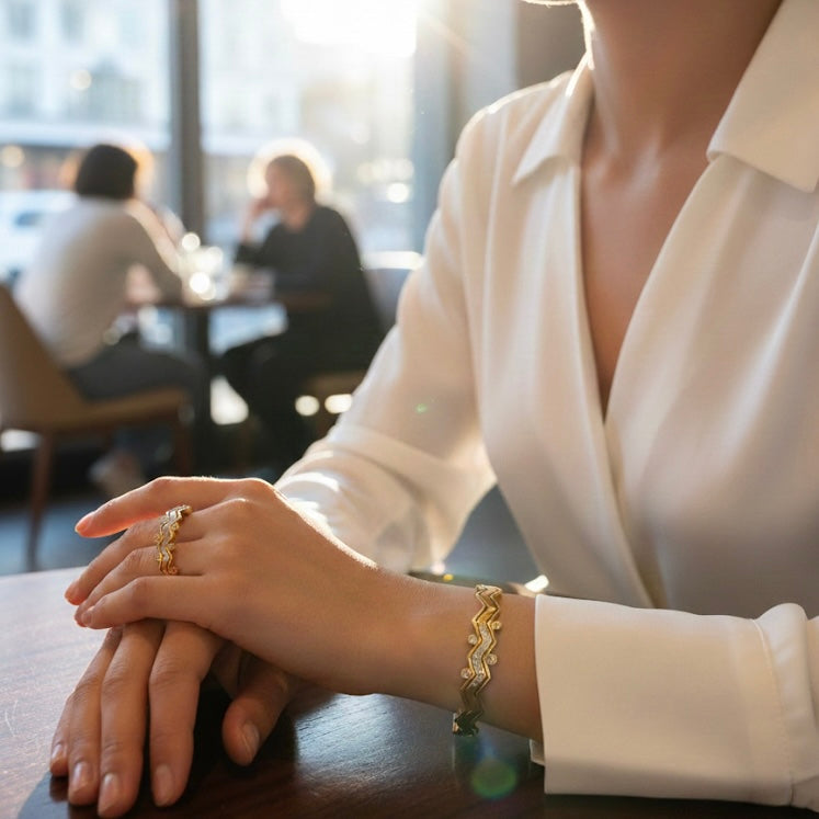 Radiant Ripple: Anti-Tarnish Gold-Tone Wavy Bracelet & Ring Set with Dazzling Crystals