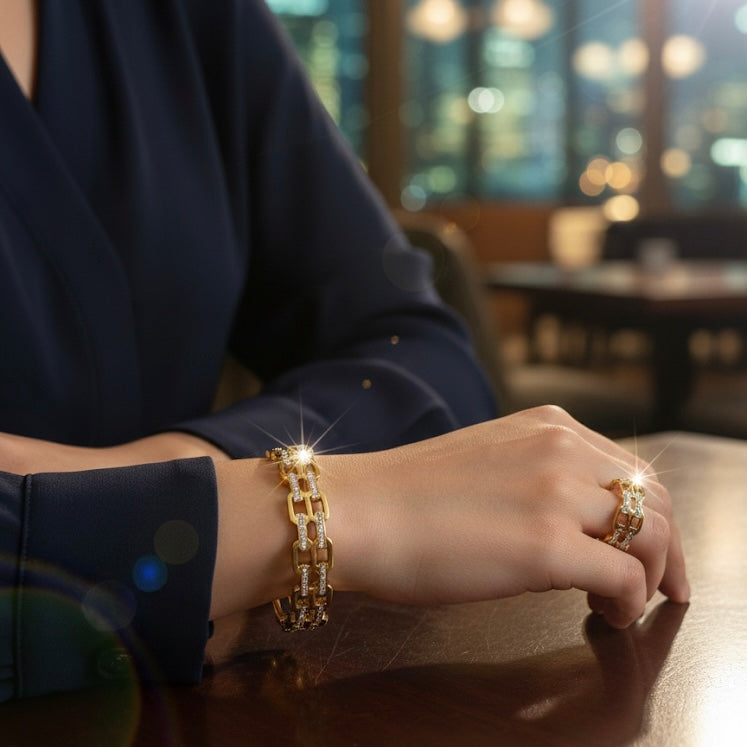 Golden Link Luminance: Anti-Tarnish Crystal Bracelet & Ring Set