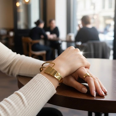 Golden Zigzag Aura: Anti-Tarnish Geometric Bracelet & Open Ring Set