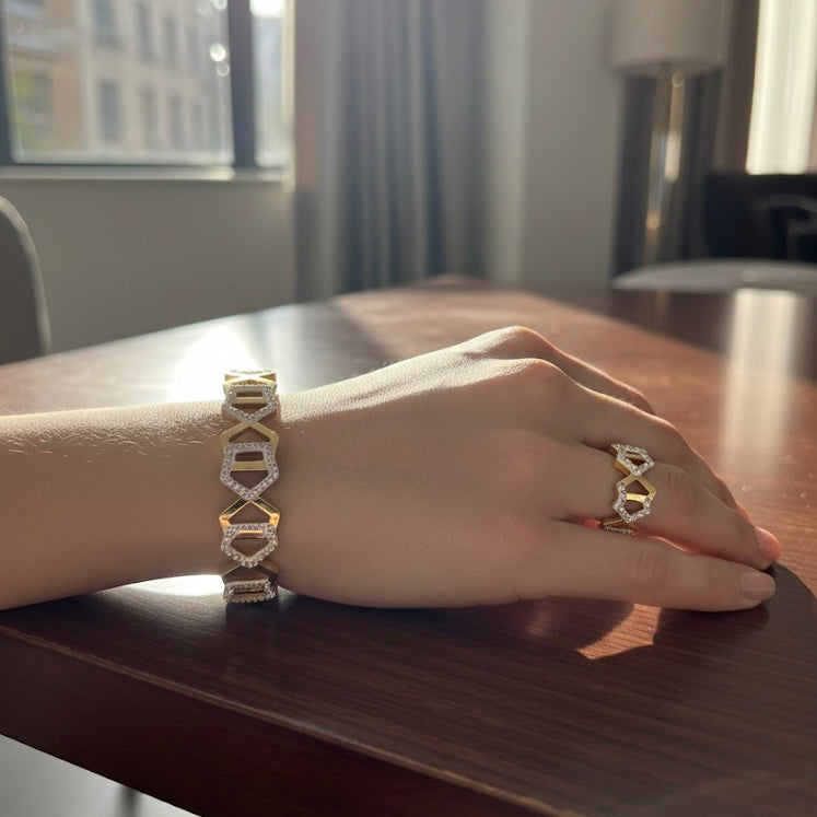 Golden Hexa-Glam: Anti-Tarnish Geometric Crystal Bracelet & Ring Set