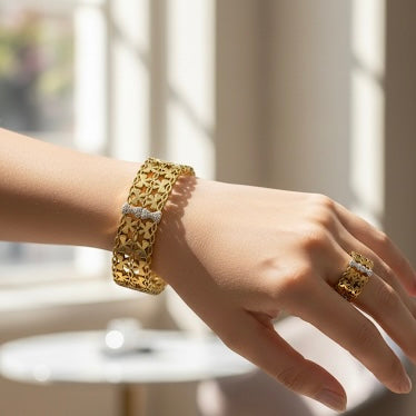 Wave Design Stackable Bangle & Ring Set | Anti-Tarnish Artificial