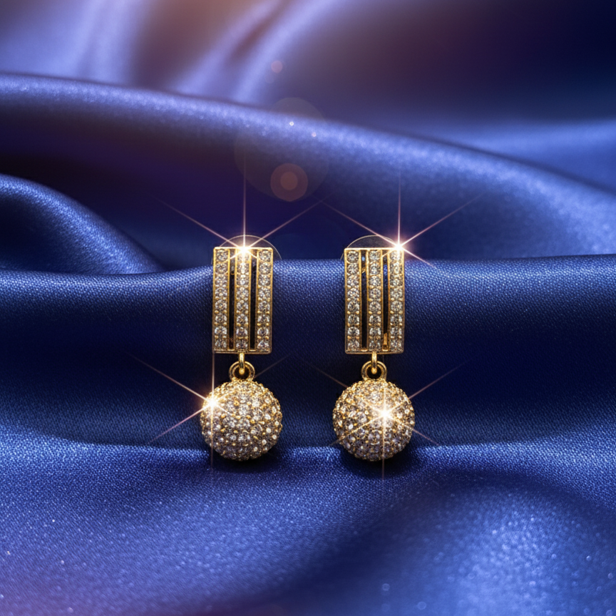 Chic Gold-Toned Bar & Ball Drop Earrings with Pave Crystals