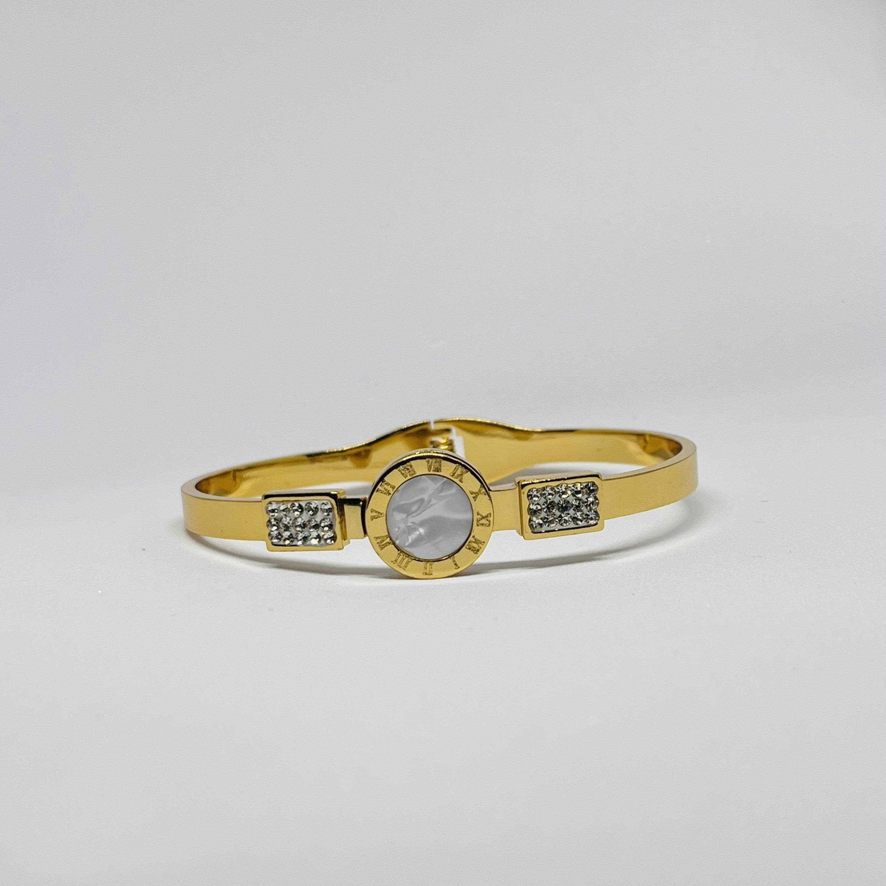 Classic Gold Watch Dial Bangle – Crystal Accent Roman Numeral Bracelet