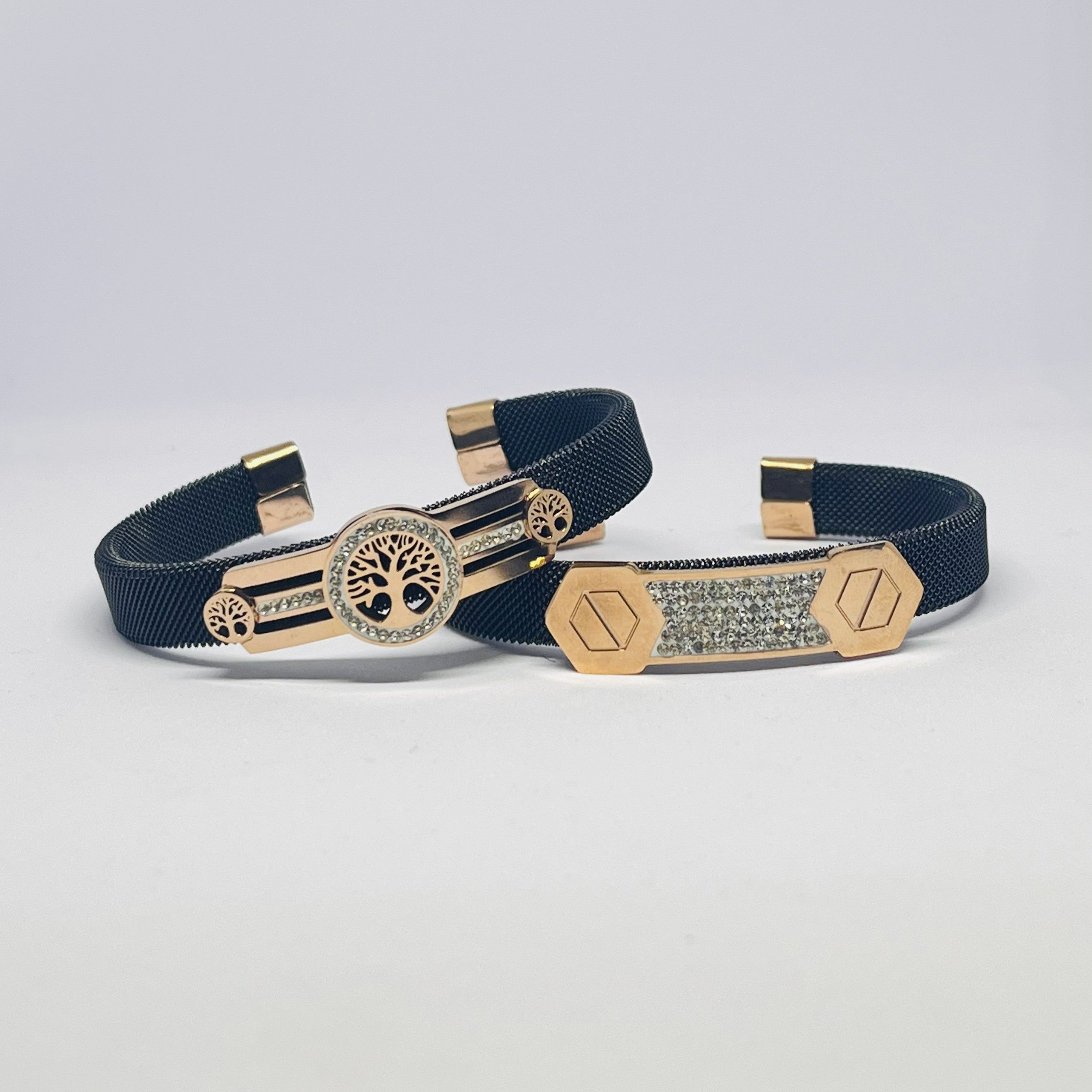 Blue Mesh Rose Gold Designer Bracelets – Tree of Life & Elegant Sparkle Duo