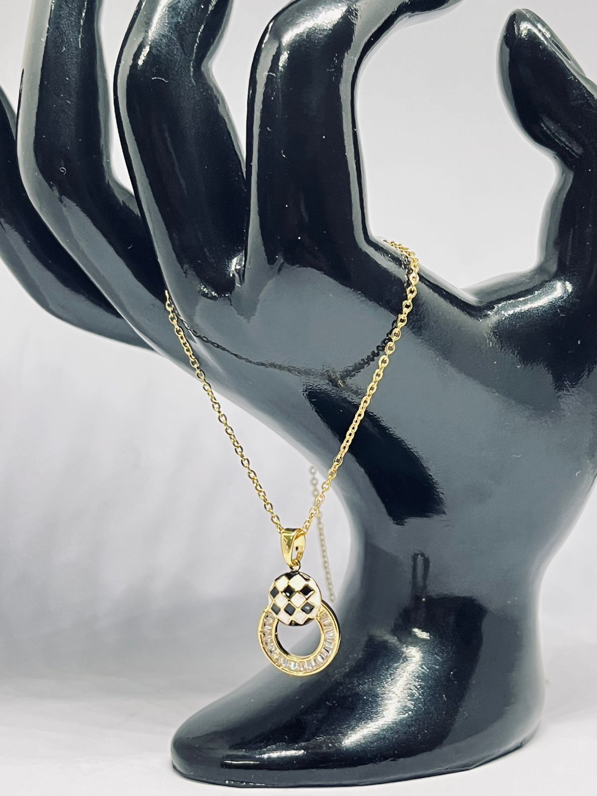 Chic Gold Circle Pendant Necklace with Checkered Enamel and Crystal Accents